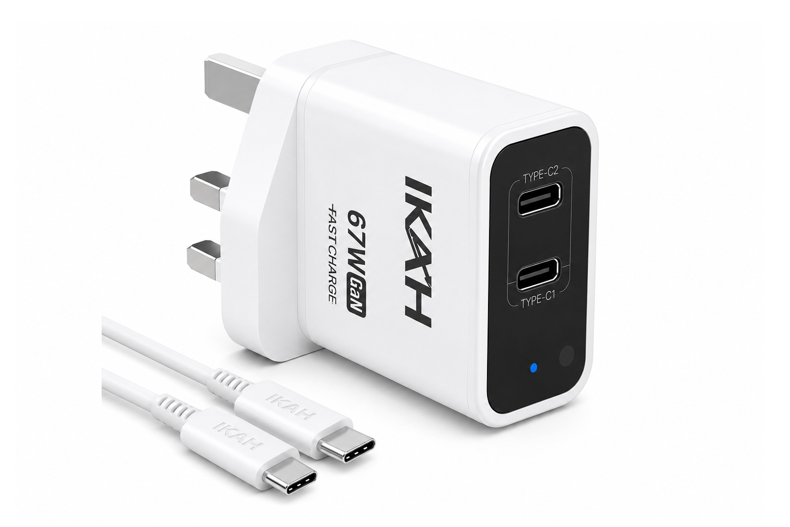 IKAH 67W GaN USB C Fast Charger, Dual USB-C Wall Charger, PD 3.0 PPS Fast Charging Adapter for MacBook Air, iPad Pro, iPhone 16/15 Series, Samsung Galaxy S25/S24 Ultra, Includes 3 ft USB-C to USB-C Ca