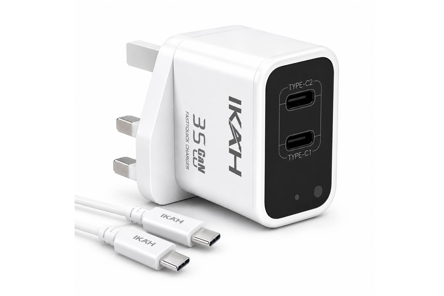 IKAH 35W GaN USB-C Fast Charger, Dual USB-C PD Wall Charger, Type-C + Type-C, UK Plug, Model RY-U35D-CC, Includes 3 ft USB-C to USB-C Cable